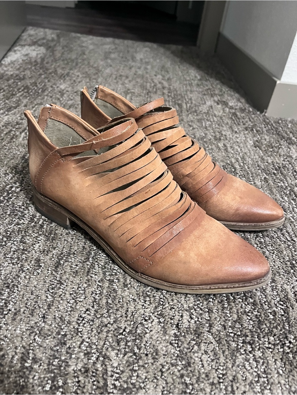 Free People Tan Strappy Cutout Leather Ankle Boots